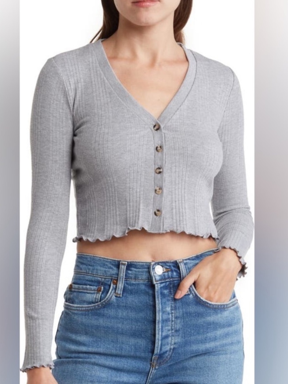 Women's Top Shop Ribbed Cardigan Gray Long Sleeve T